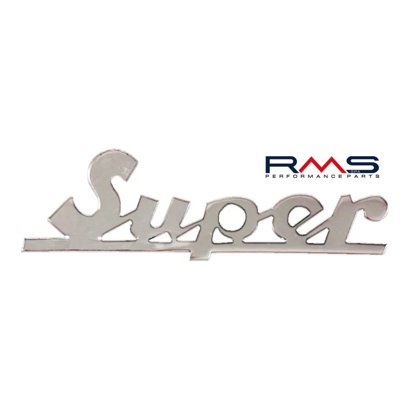 Emblem / Schriftzug " Super " für Vespa 125 - 150 Super VBC1T - 2 Pins 75x30mm Lochabstand 55mm Solange Der Vorrat Reicht