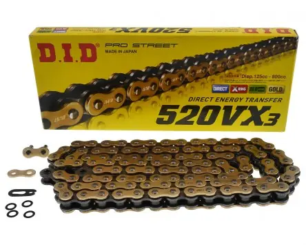 Kette DID 520VX3 offen, 108 Glieder, gold / schwarz X-Ringkette, Kettenschloss FJ kompatibel für Aprilia RS 125, Suzuki DR 300-600, Yamaha WR 250 Ersa Nur Heute