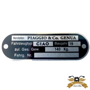 Typenschild Piaggio Genua Aluminium Ciao 80x25mm gelocht Rahmenplakette Super-Preis